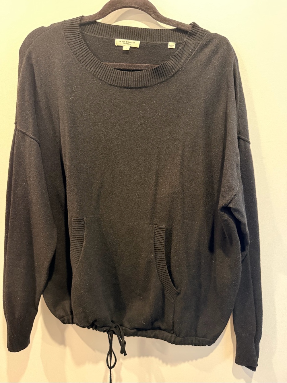 Max Studio Black Crewneck Sweater with Drawcord Hem